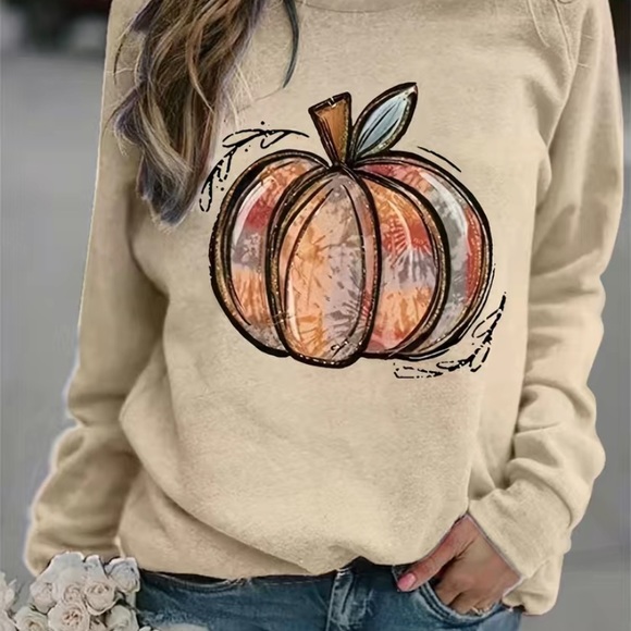Pumpkin Print Sweatshirt Casual Long Sleeve Crew Neck - Apricot Color - Large - Picture 2 of 2